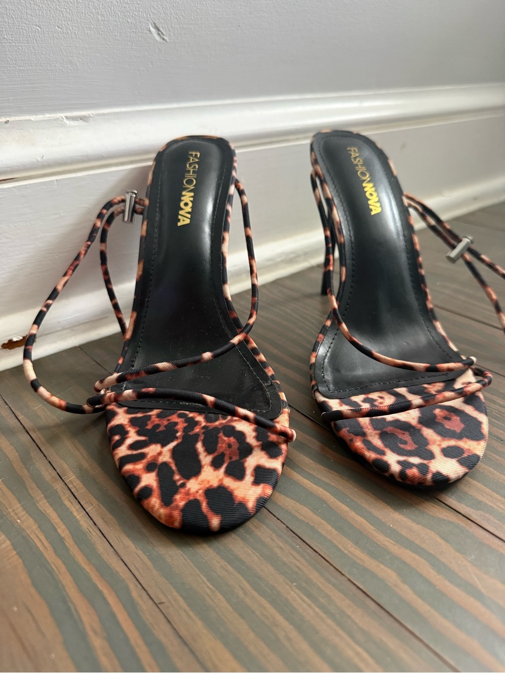 Fashion Nova Leopard Strappy Ankle-Wrap Heels